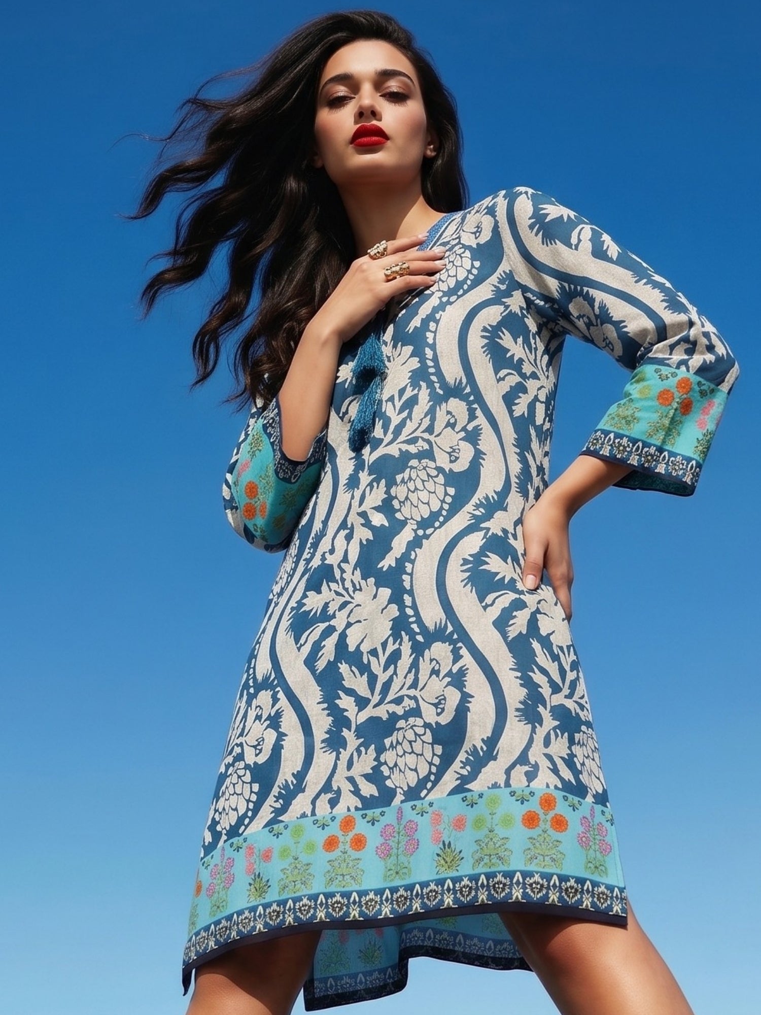 Blue Floral Printed Boho Kurti Dress